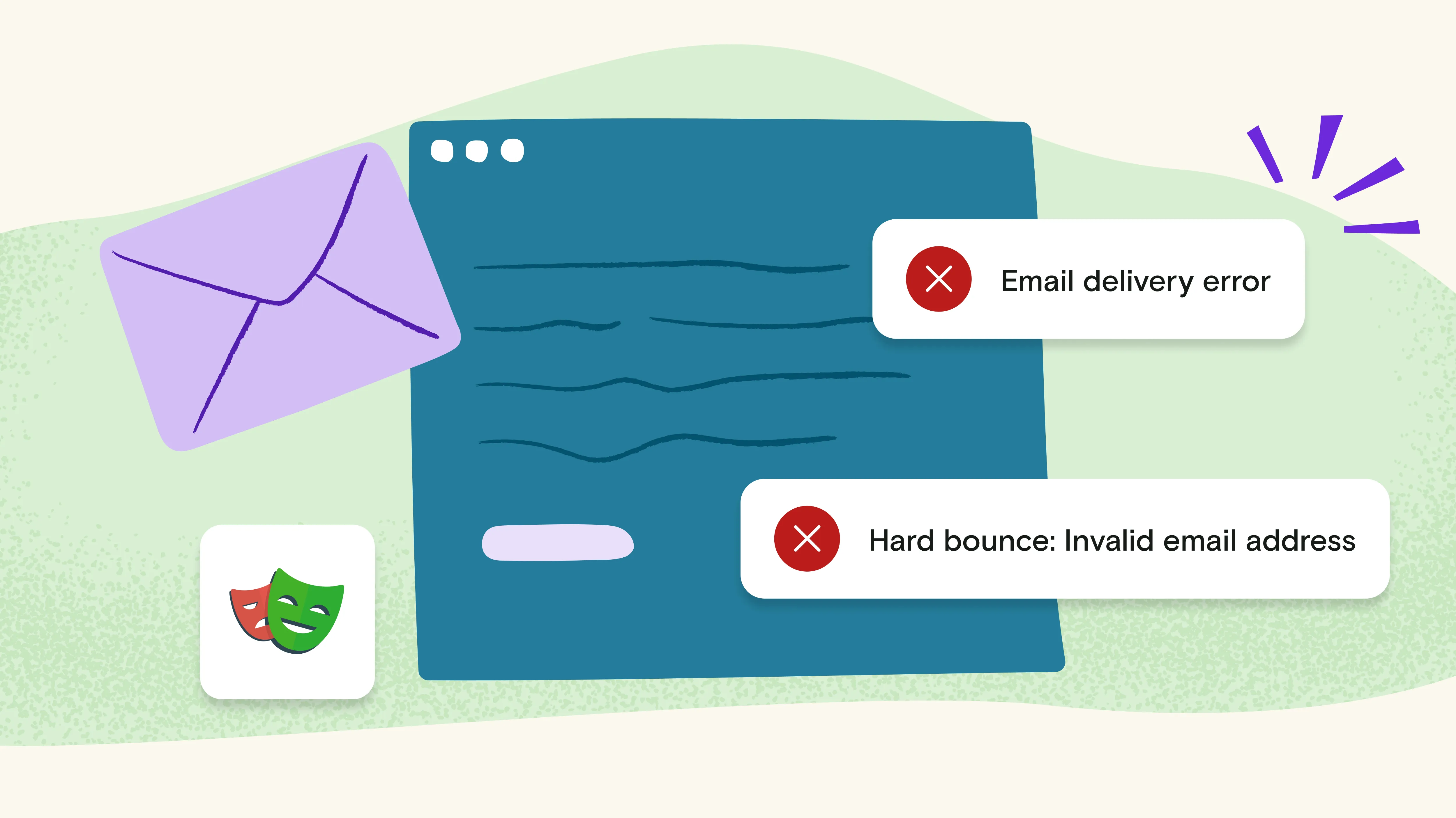 Illustration of email and envelop with red error cross and Playwright logo