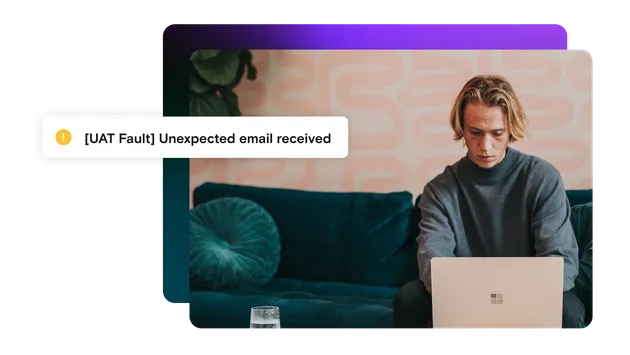 man on laptop with gradient background and a fault notification