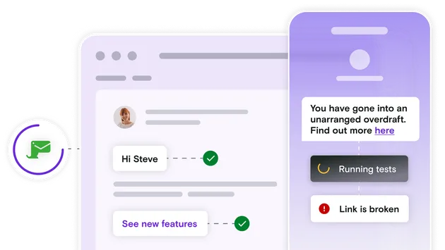 Mailosaur logo with email and phone illustrations and pass and fail notifications