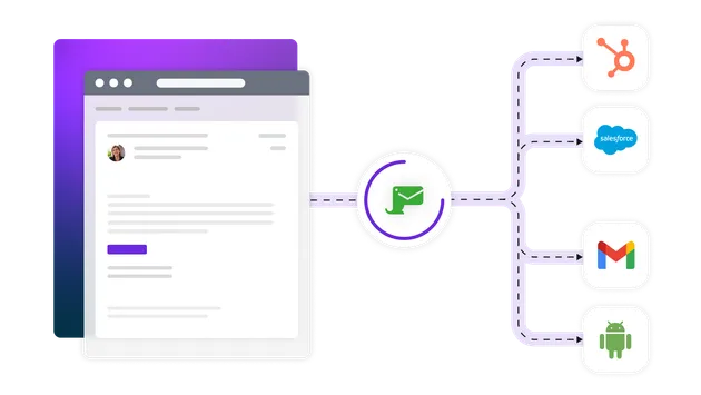 Email illustration on a gradient background connected to android, gmail, salesforce and hubspot logos through Mailosaur