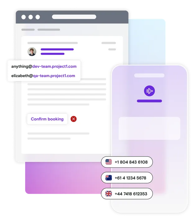 Mobile phone and email illustration with international phone numbers and email address dialogs on gradient background