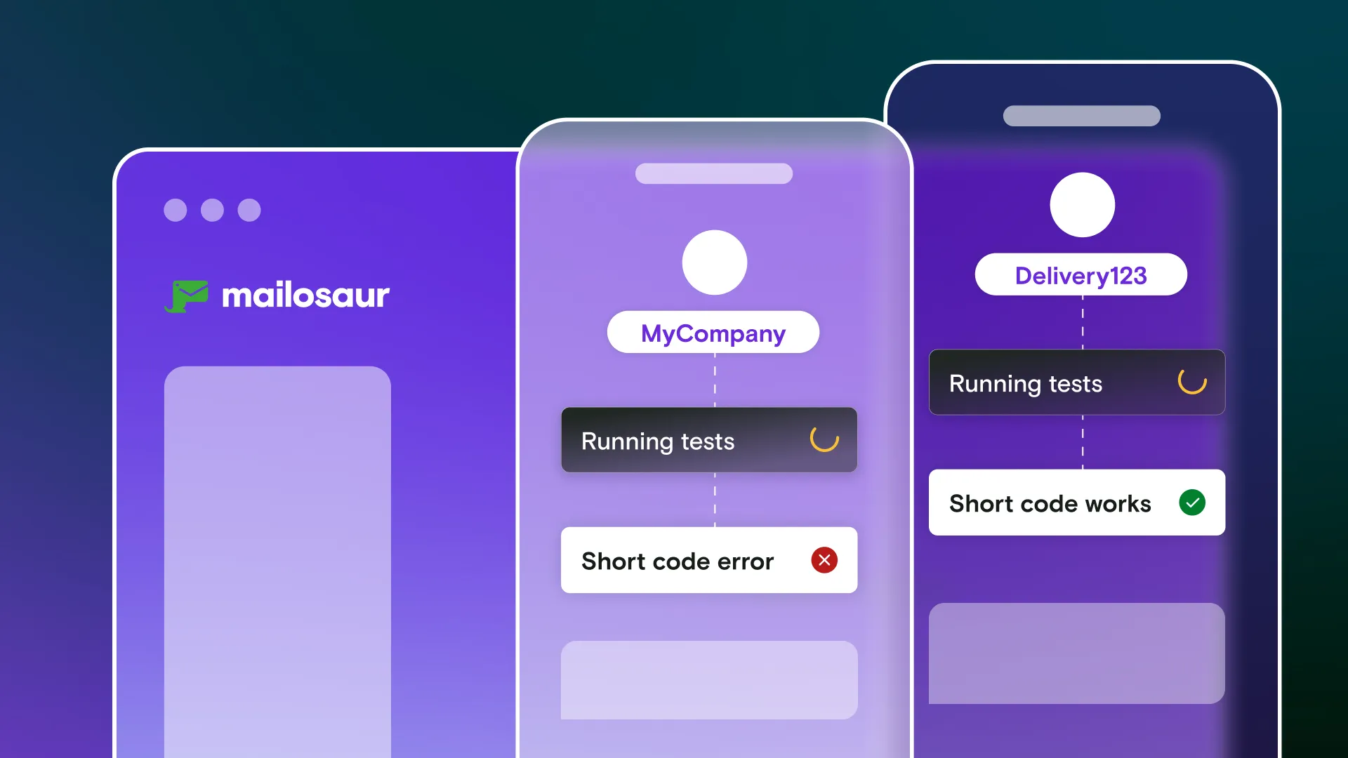 Mobile phone illustrations with pass and fail notifications and Mailosaur dashboard