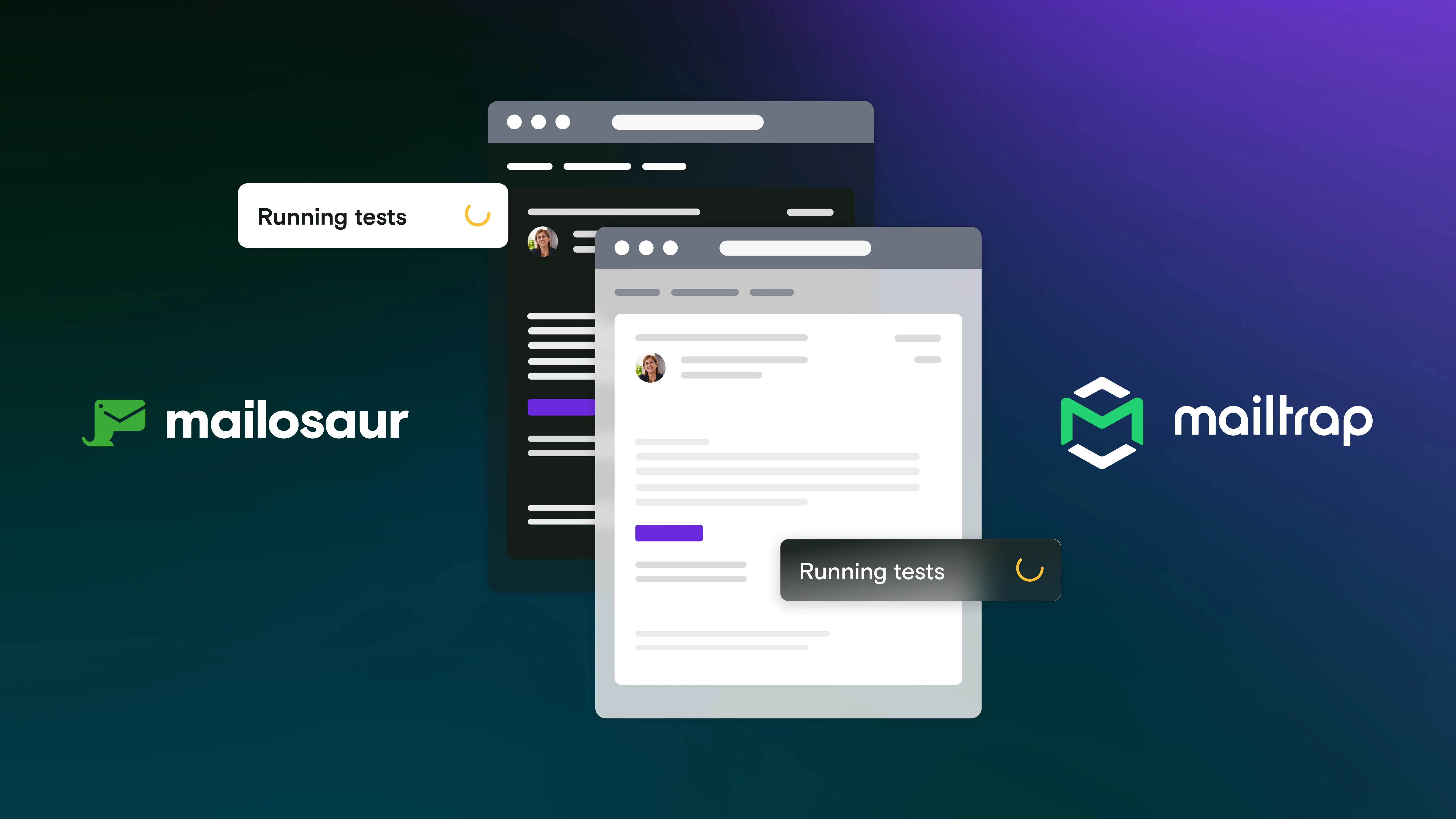 Dark and light mode emails with Mailosaur and Mailtrap logos and running test dialogs