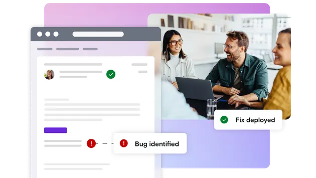 Photo of group of people with laptop and email illustration with pass and fail notifications