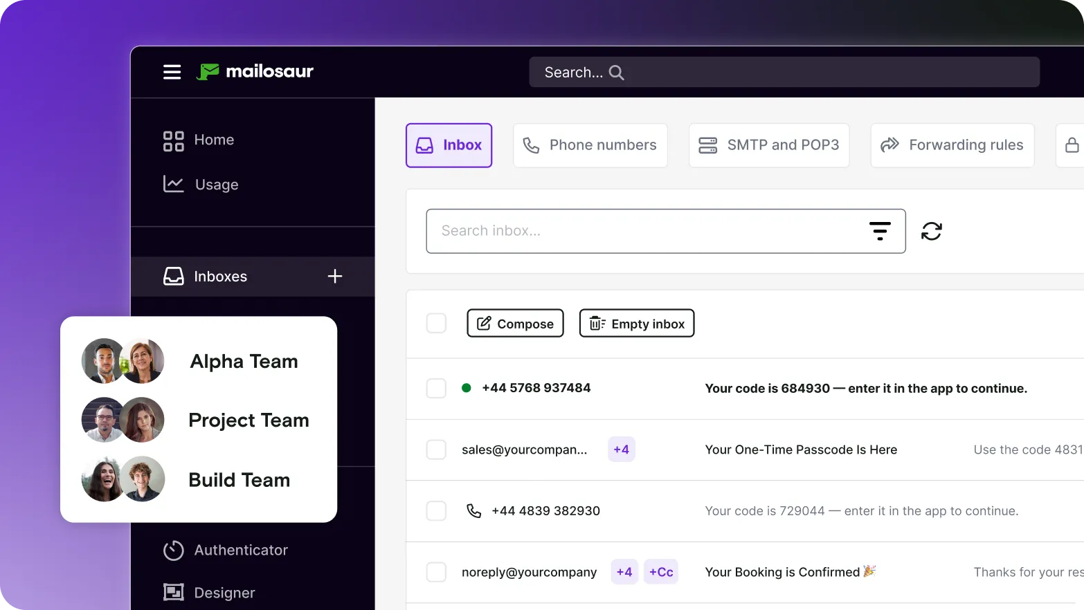 Mailosaur dashboard with team member dialog window