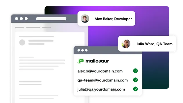 Email mockup with domain name options and team member notifications