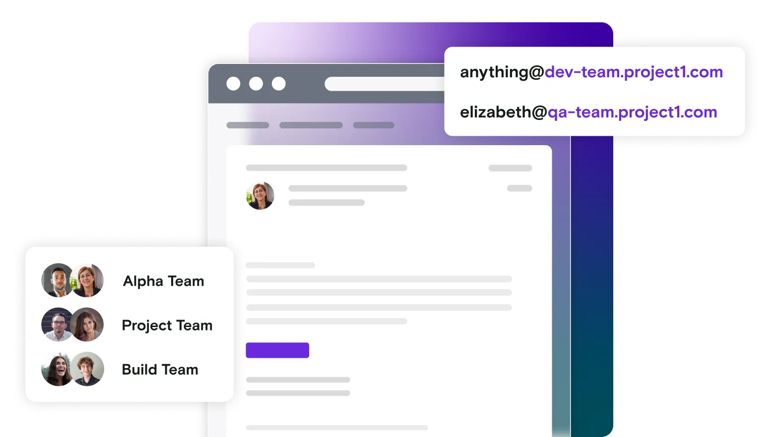 Email illustration with team members window and custom email address dialog on gradient background