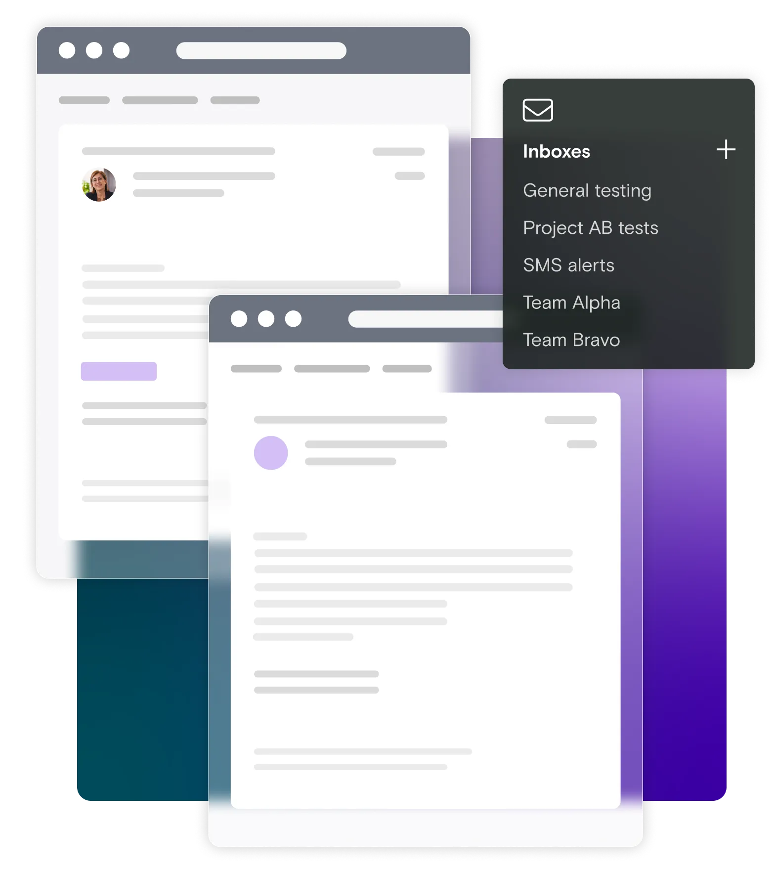 Email illustrations with inbox dialog on gradient background