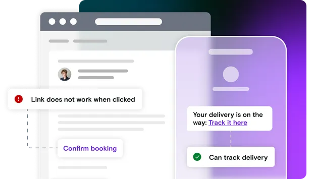 Email and mobile phone illustration with pass and error notifications on purple gradient background