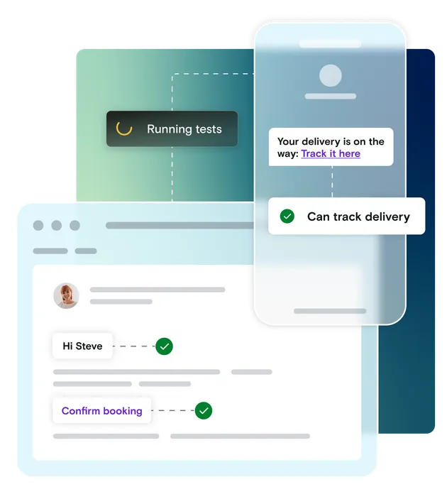 Mobile phone and email illustration with running tests notification and pass notifications