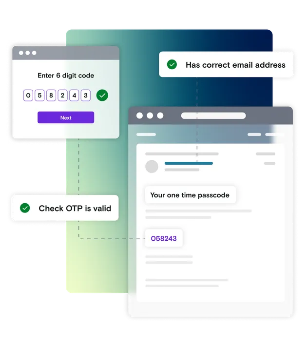 Email illustration with pass notifications and 6 digit code dialog window on gradient background
