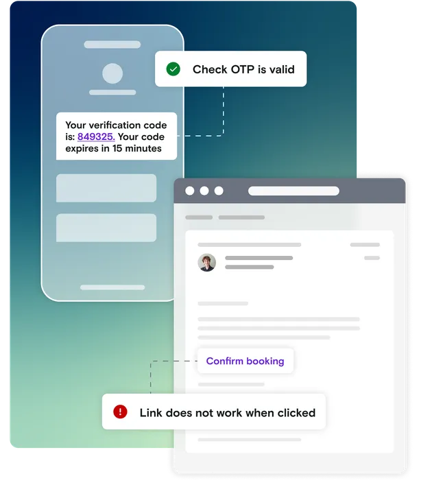 Illustration of mobile device displaying an OTP code input with an email illustration and pass and fail notifications