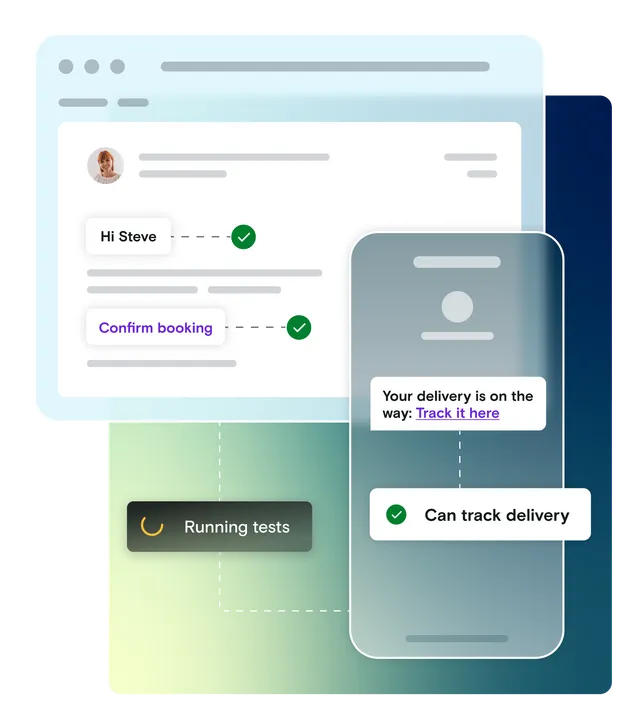 Mobile phone and email illustration on gradient background with pass and running tests notifications