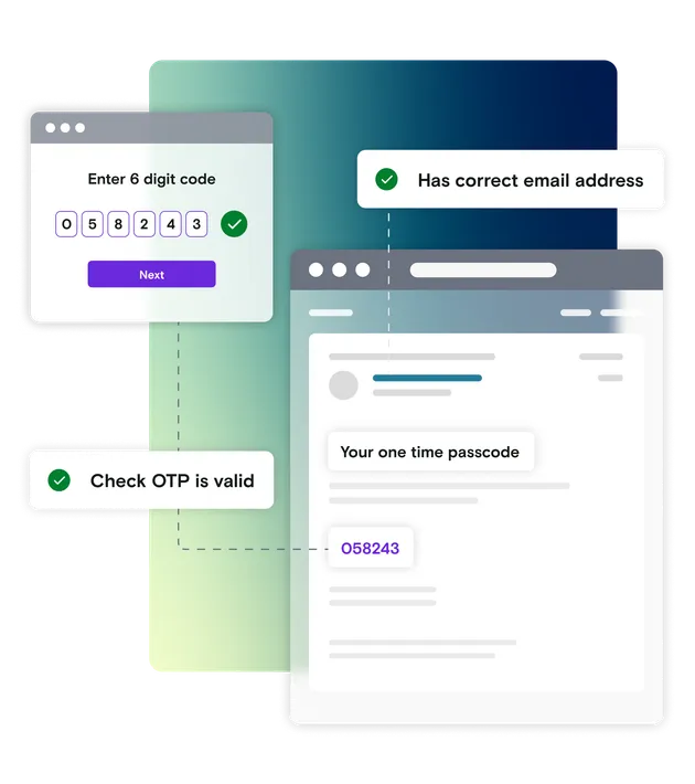 Email illustration with 6 digit code dialog window and pass notification with green and blue gradient background