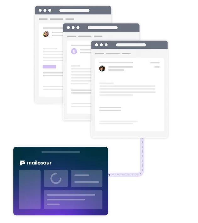 Illustration of emails linking to Mailosaur dashboard running tests