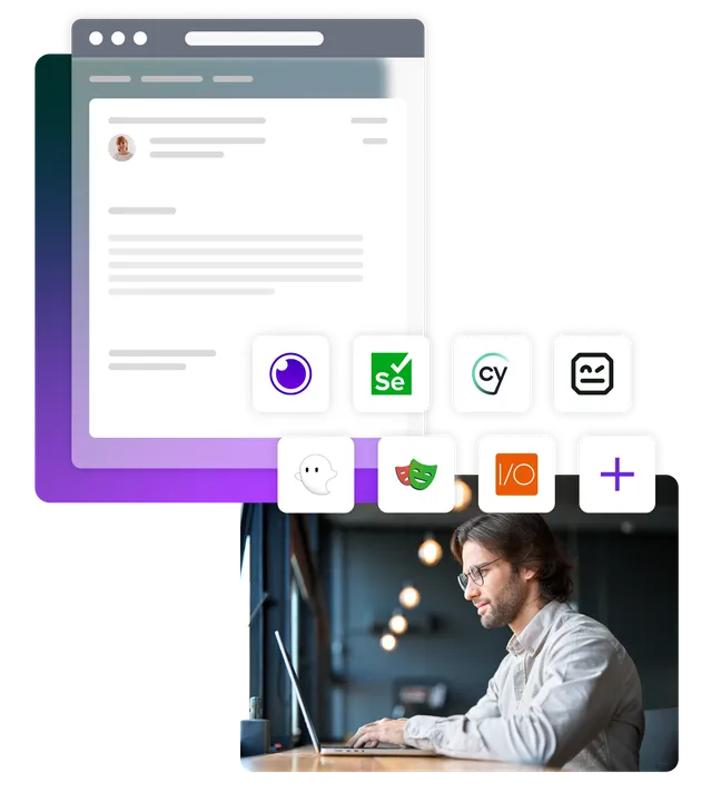 Email illustration on a gradient background with image of man on laptop with testing frameworks logos