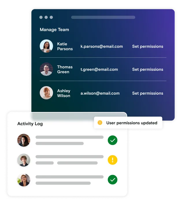Two dialog windows showing team members and activity log