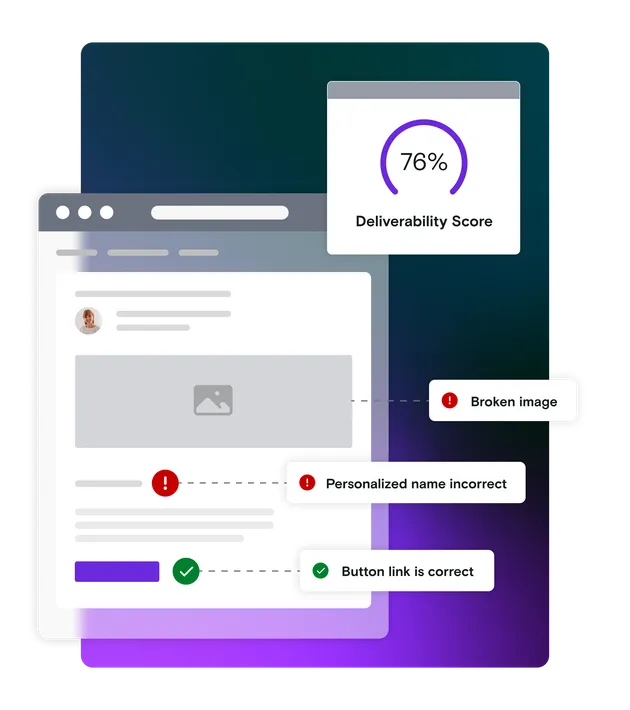 Email illustration with pass and error notifications and a deliverability score dialog window on a gradient background