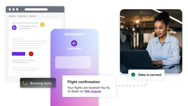 Picture of woman on laptop with email and mobile phone illustration with flight confirmation