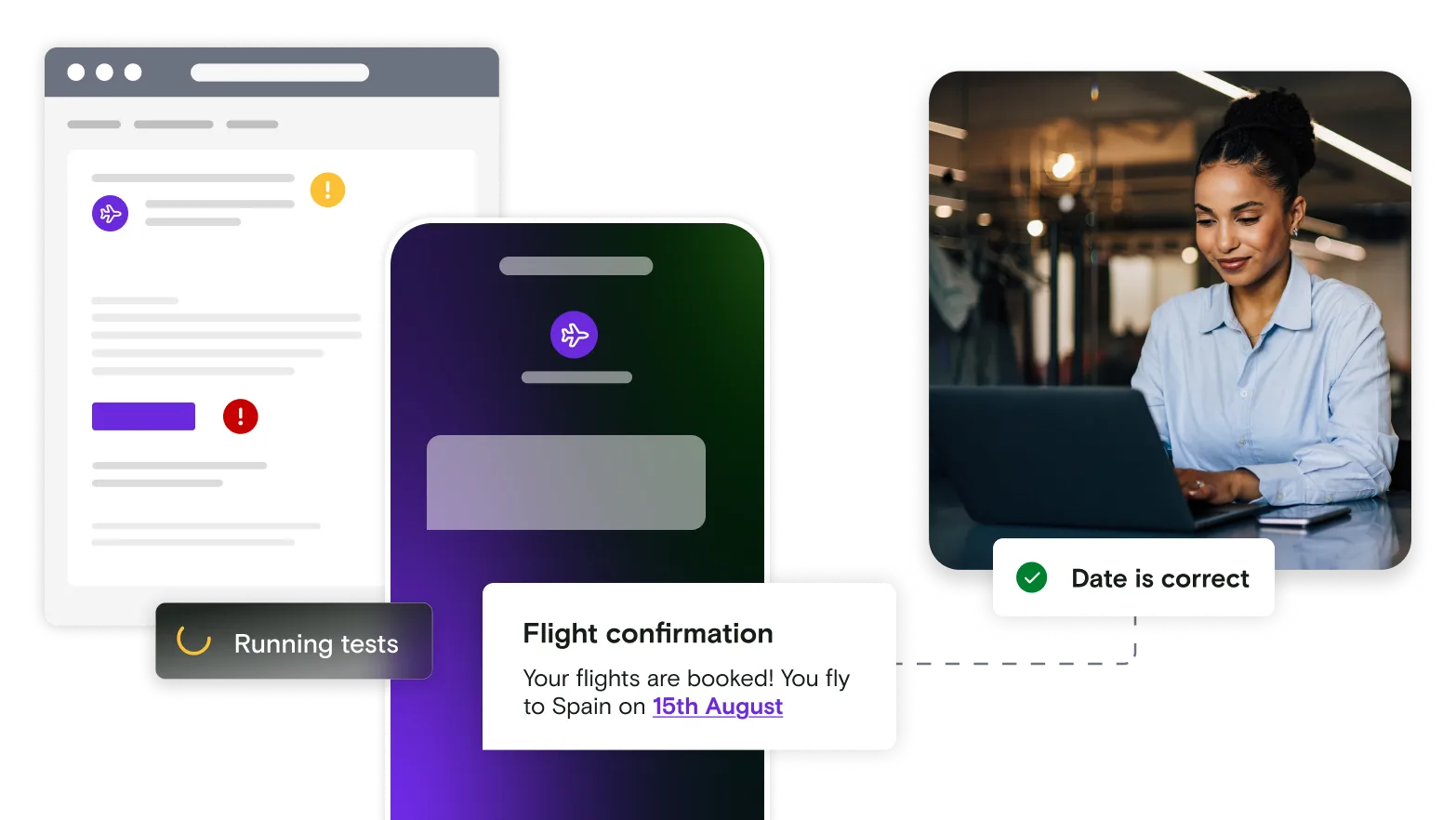 Email and mobile illustration with flight confirmation and image of woman on laptop