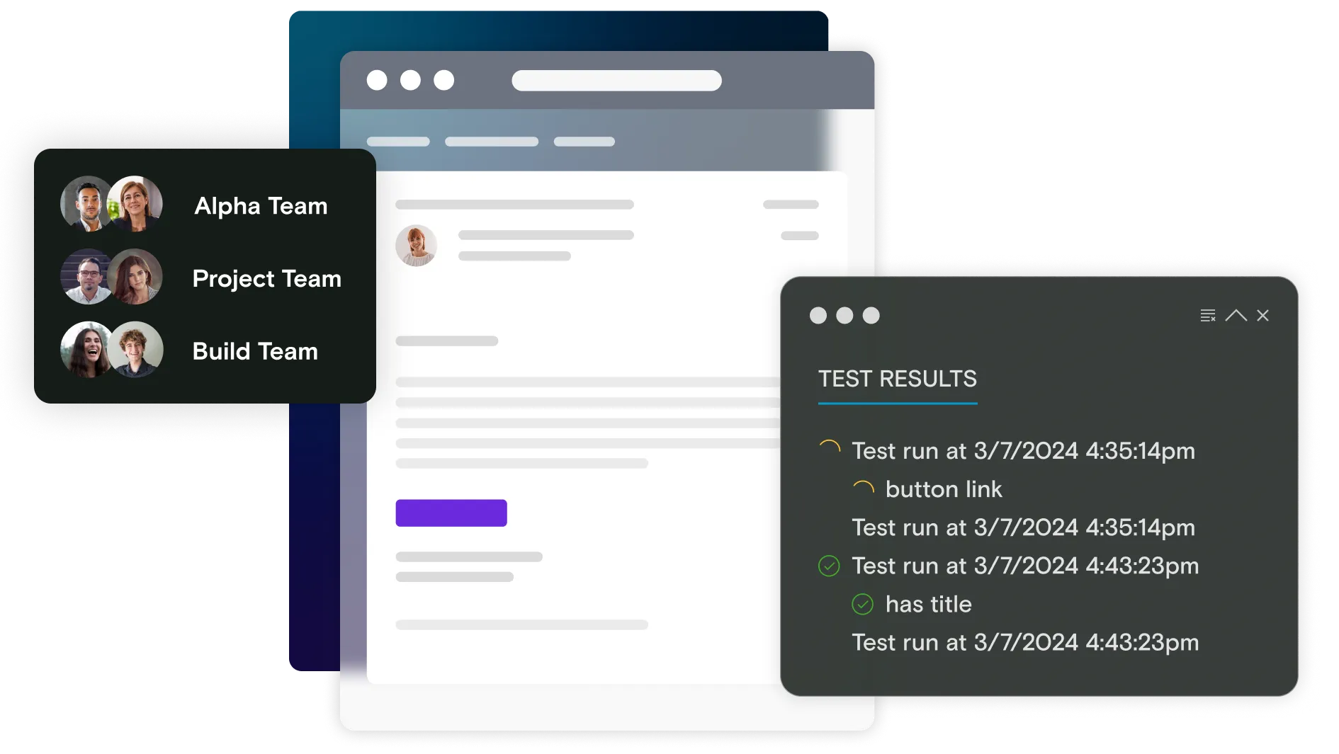 Email illustration on gradient background with tests running window