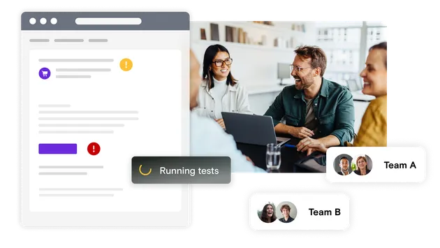 Photo of team on laptop with email illustration and running test dialog