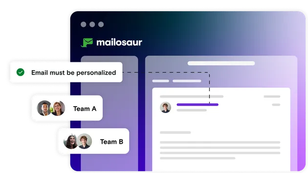 Mailosaur dashboard illustration with pass notification plus images of team members