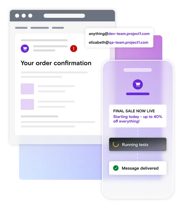 Email and mobile phone illustration with email address dialogs on gradient background