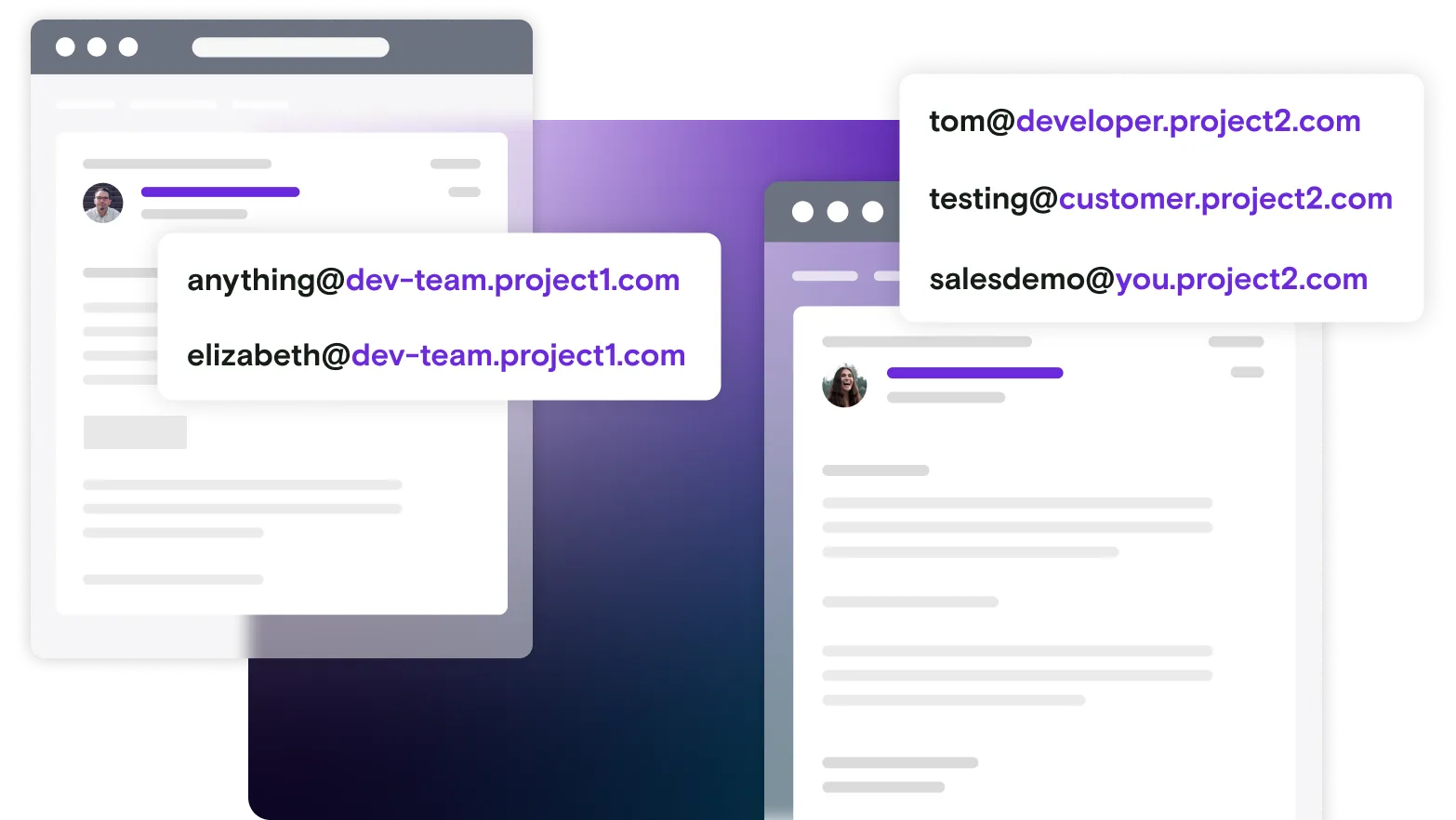 Email illustrations with custom email address dialogs on gradient background