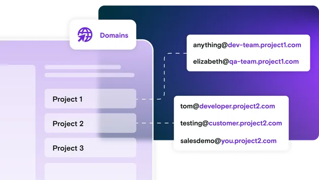 Purple desktop mockup with subdomain examples on a purple gradient background