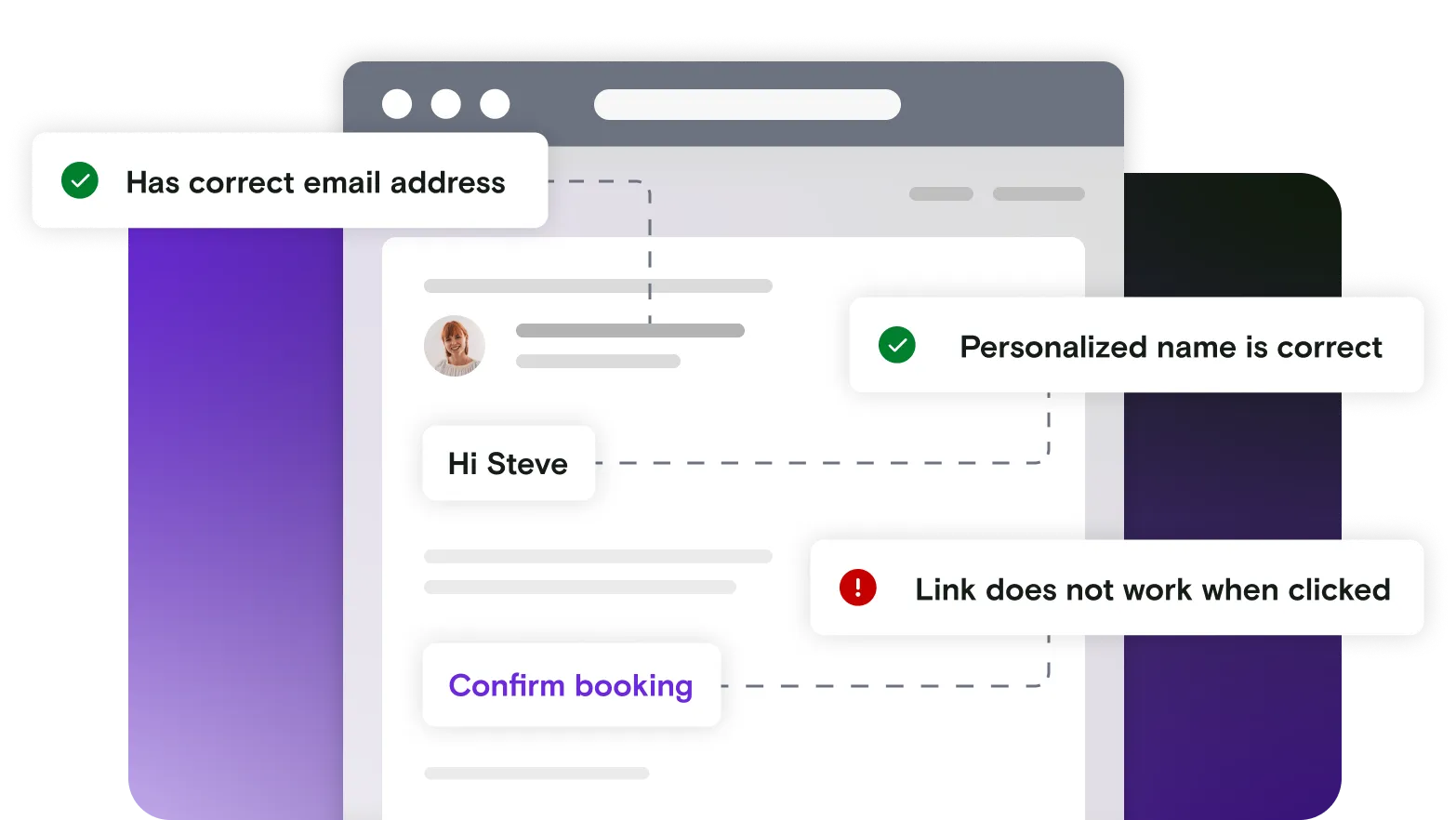 Email illustration with pass and fail notifications