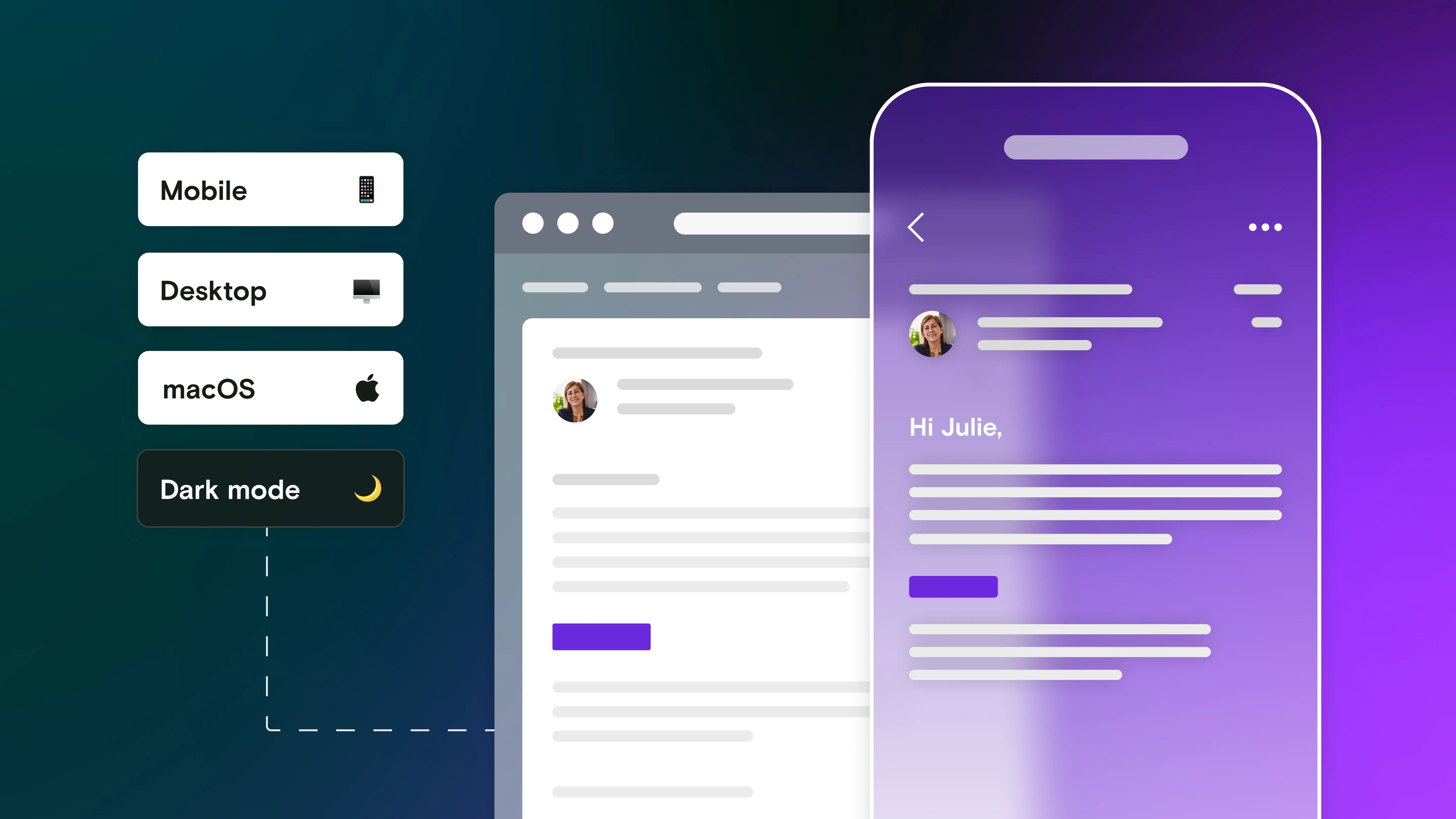 Mobile and email graphic with mobile, desktop, MacOS and dark mode dialog boxes on a gradient background