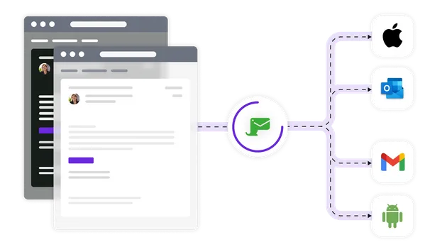 Light and dark mode email illustrations linking through Mailosaur with Android, Gmail, Outlook and Apple logos