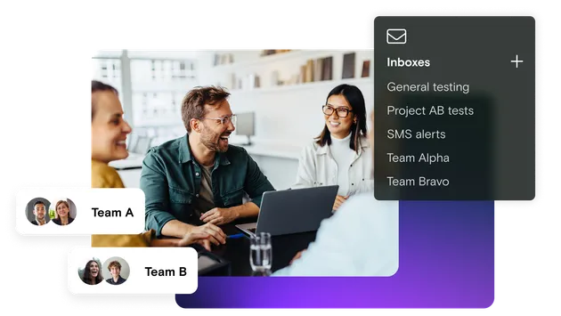 Image of people on laptops with Inbox dialog box and Team A and B notifications