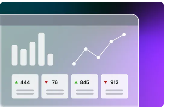 Laptop illustration with dashboard showing numbers, bar chart and line graphs