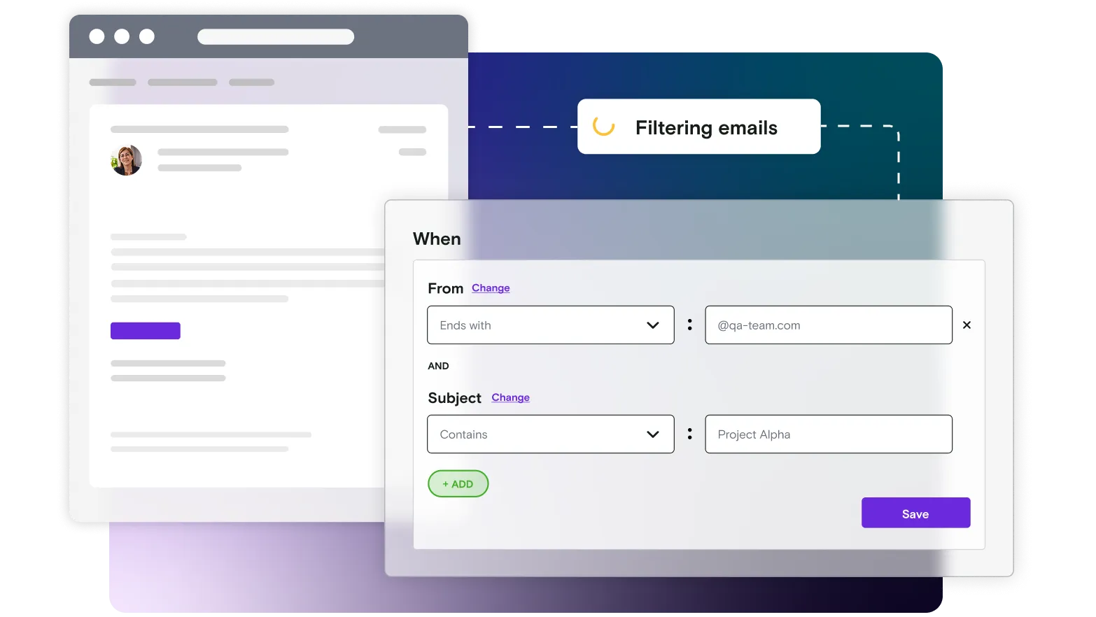 Email illustration with forwarding rules window on gradient background