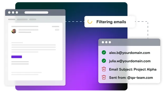 Email illustration connected to a filtering notification and linking to pass and fail email addresses