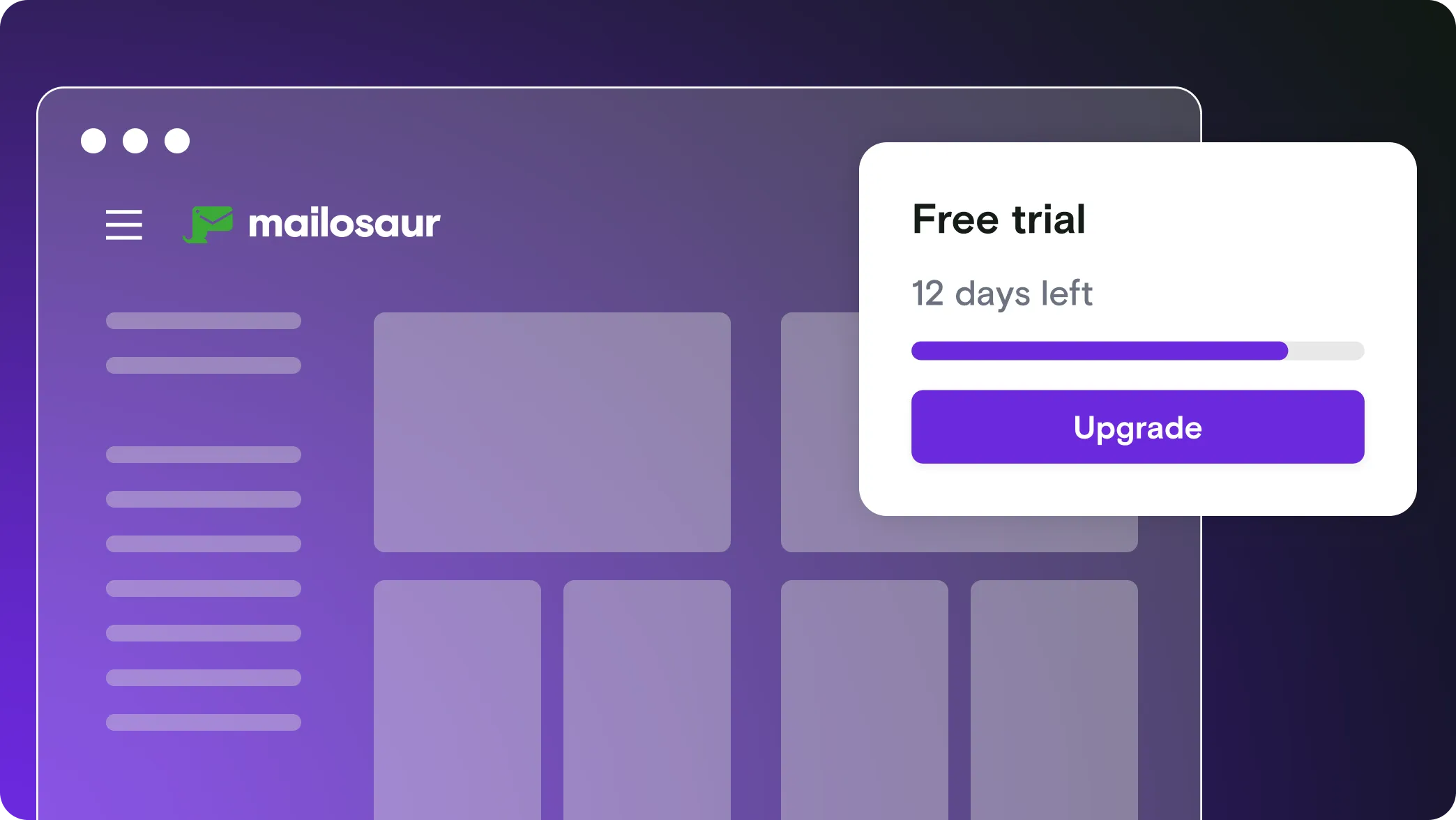 Mailosaur dashboard with free trial dialogue window on purple gradient background