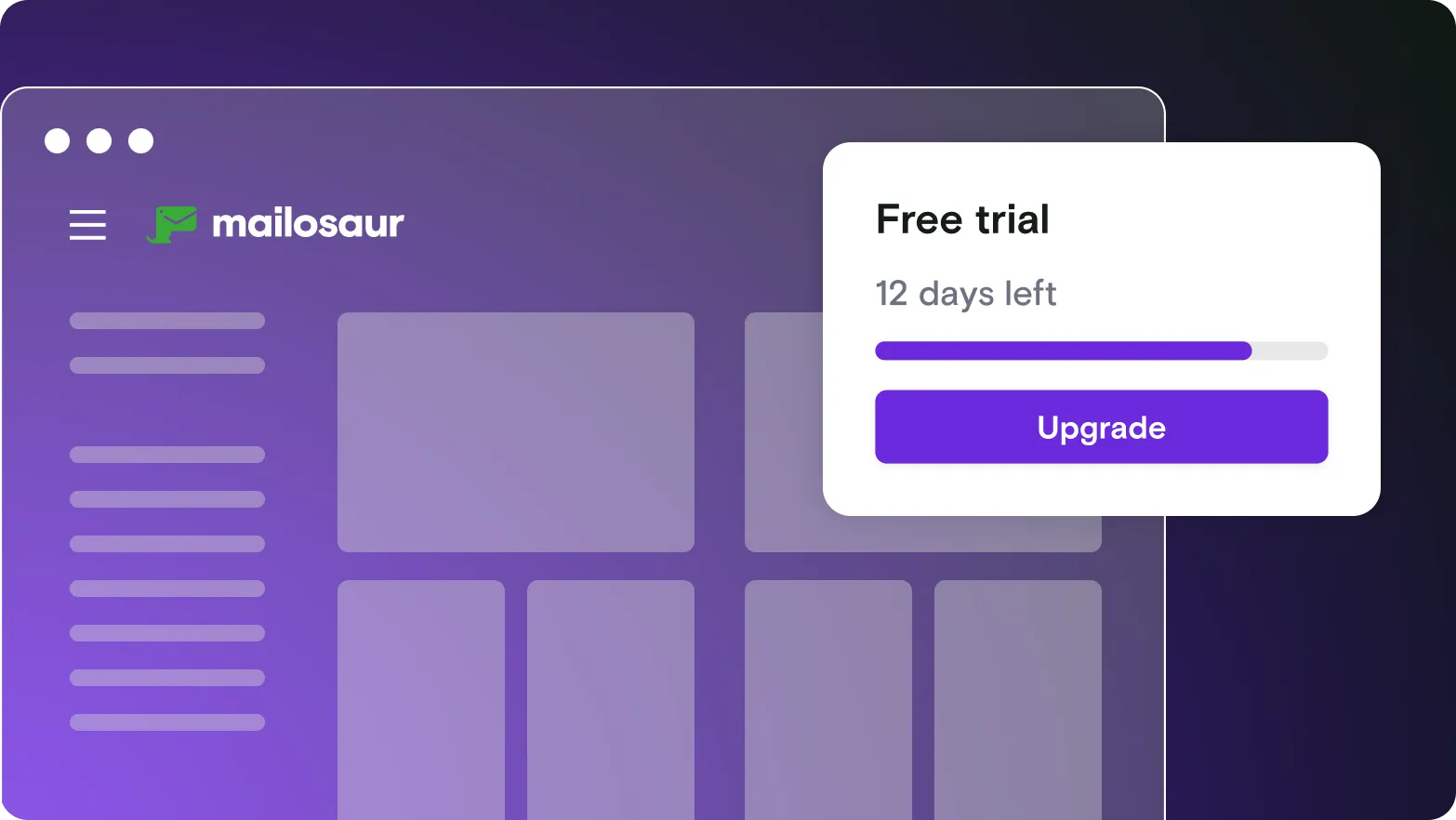 Mailosaur dashboard with free trial dialogue window on purple gradient background
