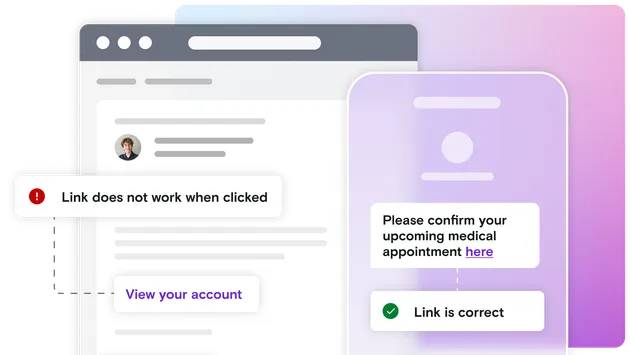 Email and mobile phone illustration with pass and fail notification on gradient background