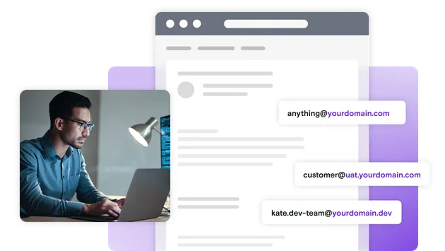 Man on laptop with email mockup and custom domain notifications