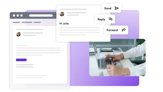 Email illustration with send, reply and forward buttons and an image of hands typing on a laptop