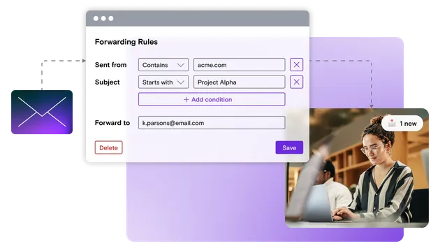 Email illustration with a forwarding rules dialog window and an image of a business woman on a laptop