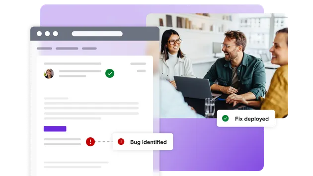 Email illustration with pass and error notifications and image of smiling team on laptop