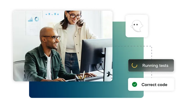 Man and woman on computer with gradient backgroundm testing notifications and Ghost Inspector logo