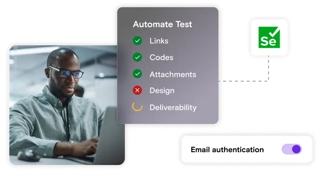 Illustration of man in glasses looking at computer screen, next to test running with ticks in green and crosses in red. Selenium logo in top corner.
