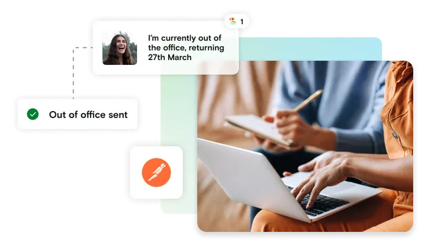 Photo of peoples hands on laptop with Postman logo and pass and out of office notification
