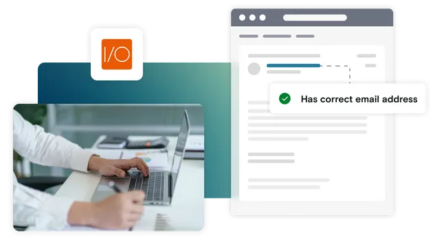 Image of man on laptop on gradient background with email illustration with pass notification and Webdriver IO logo