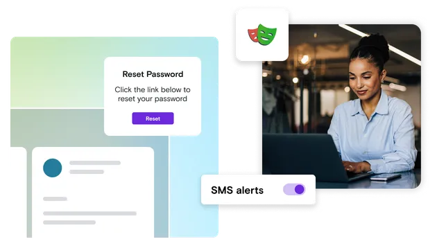 Woman on laptop image with Playwright logo, SMS alerts toggle with email illustration and reset password notification