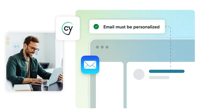 Image of man on laptop with email mockup and Cypress logo with pass notification